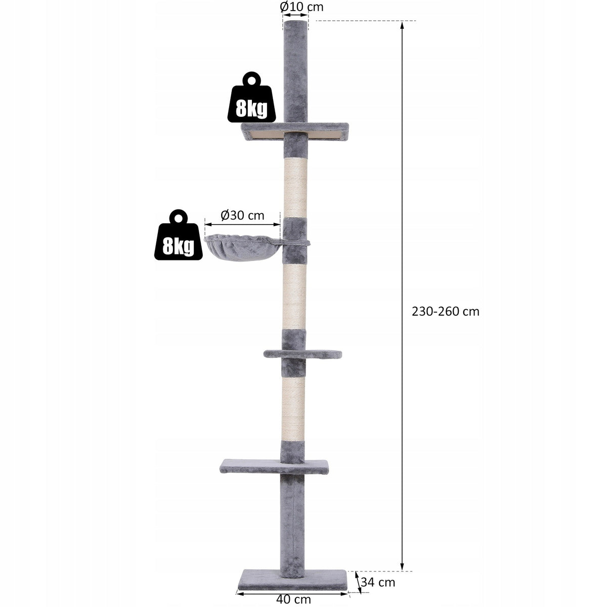 PawHut Drapak sufitowy dla kota 230-260 cm, 5 poziomów, sizal i plusz – szary