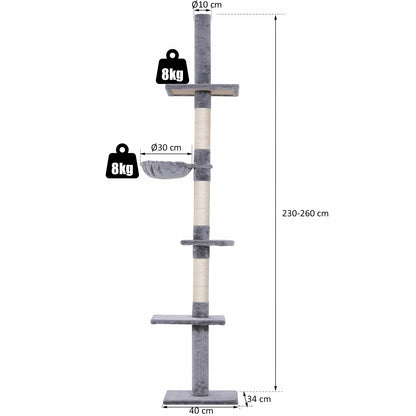 PawHut Drapak sufitowy dla kota 230-260 cm, 5 poziomów, sizal i plusz – szary