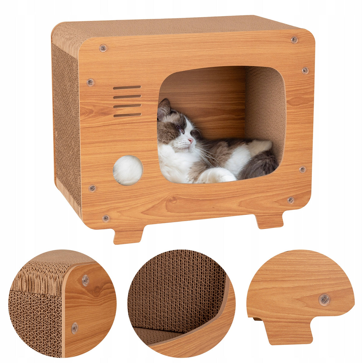 Petsona Drapak dla kota z kartonu domek telewizor DK-014 z legowiskiem – beżowy