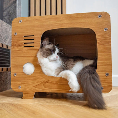 Petsona Drapak dla kota z kartonu domek telewizor DK-014 z legowiskiem – beżowy