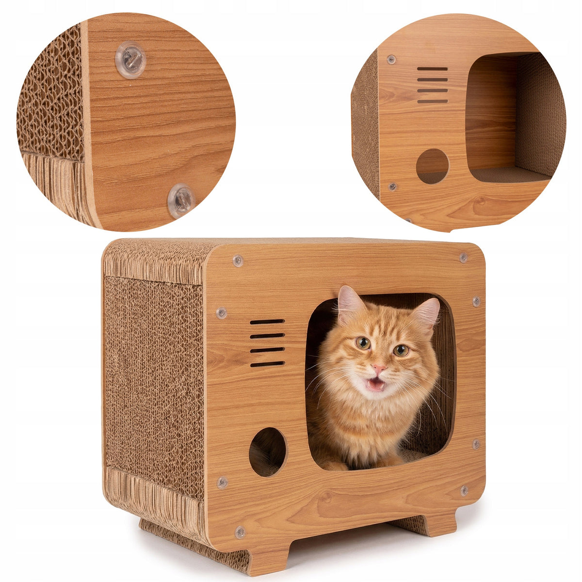 Petsona Drapak dla kota z kartonu domek telewizor DK-014 z legowiskiem – beżowy