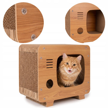 Petsona Drapak dla kota z kartonu domek telewizor DK-014 z legowiskiem – beżowy