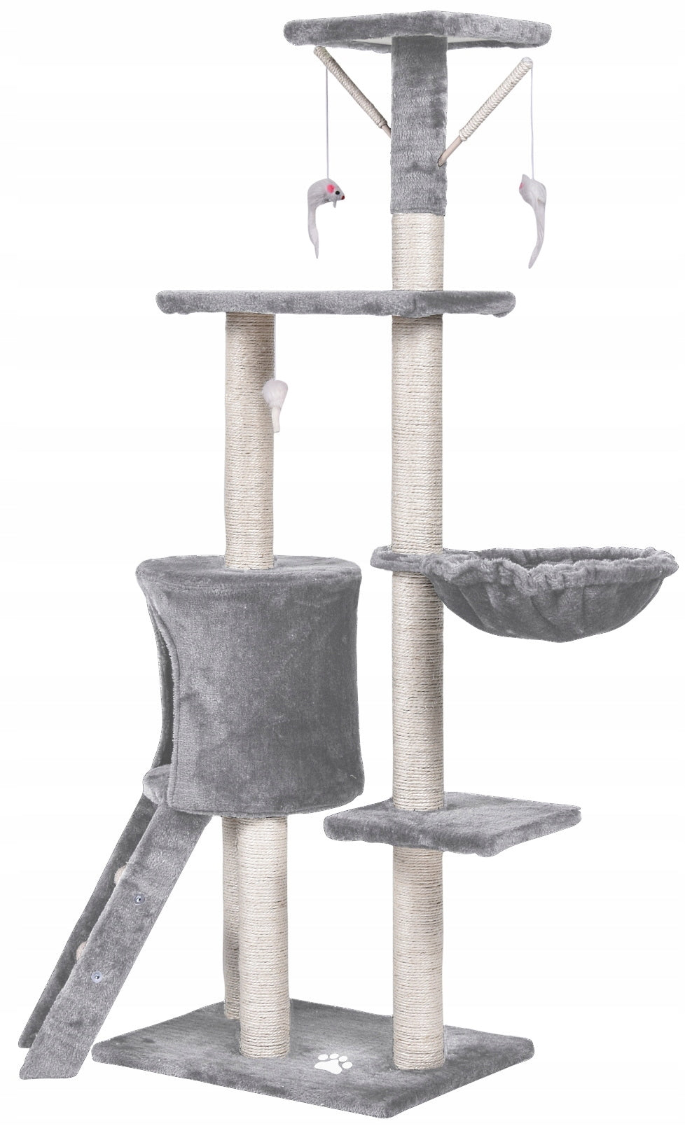 Drapak dla kota 138 cm, 5 poziomów, sizal z budką i legowiskiem – szary
