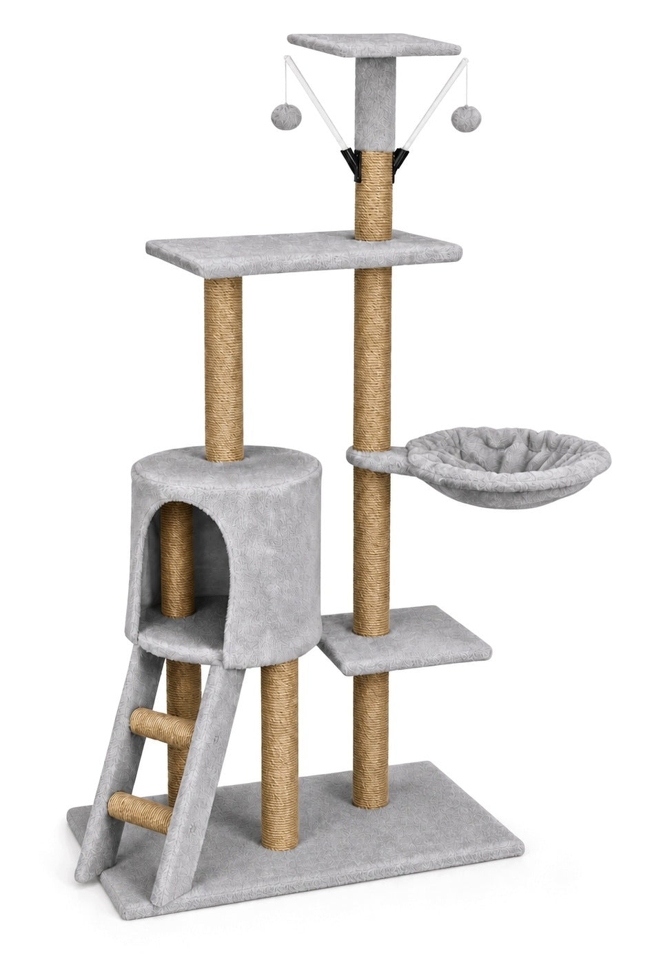 Petify Drapak dla kota wysoki 136 cm z domkiem i legowiskiem, 5 poziomów, sizal – szary
