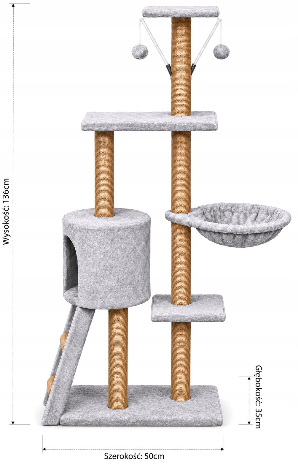 Petify Drapak dla kota wysoki 136 cm z domkiem i legowiskiem, 5 poziomów, sizal – szary