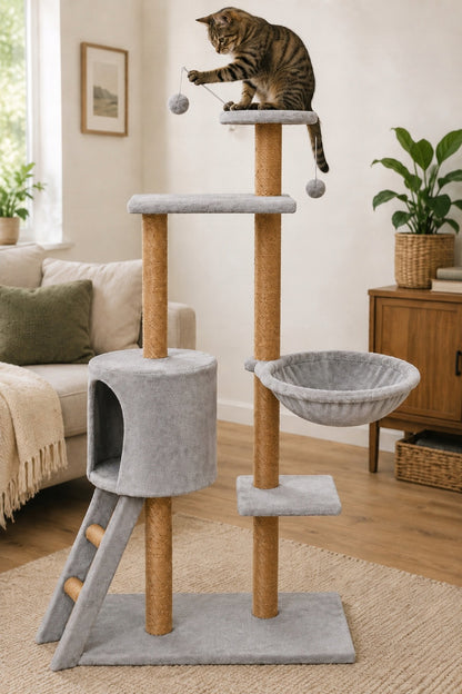 Petify Drapak dla kota wysoki 136 cm z domkiem i legowiskiem, 5 poziomów, sizal – szary