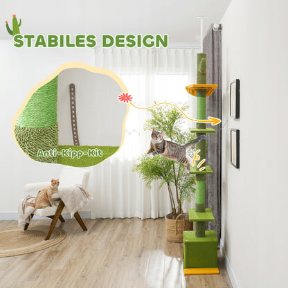 PawHut Drapak dla kota sufitowy 230-275 cm z budką i hamakiem, 5 poziomów – zielony