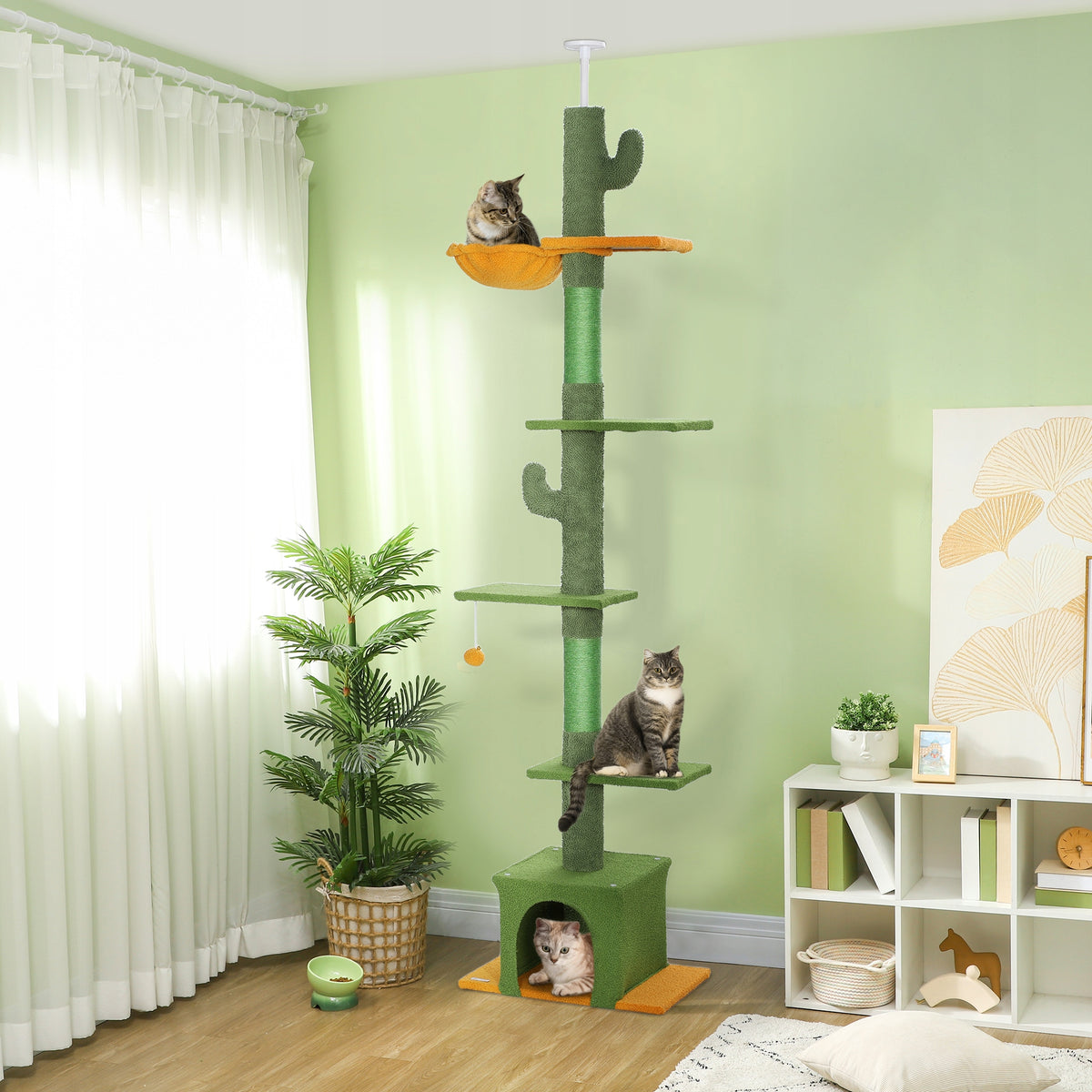 PawHut Drapak dla kota sufitowy 230-275 cm z budką i hamakiem, 5 poziomów – zielony
