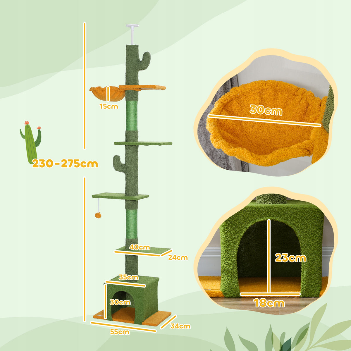 PawHut Drapak dla kota sufitowy 230-275 cm z budką i hamakiem, 5 poziomów – zielony
