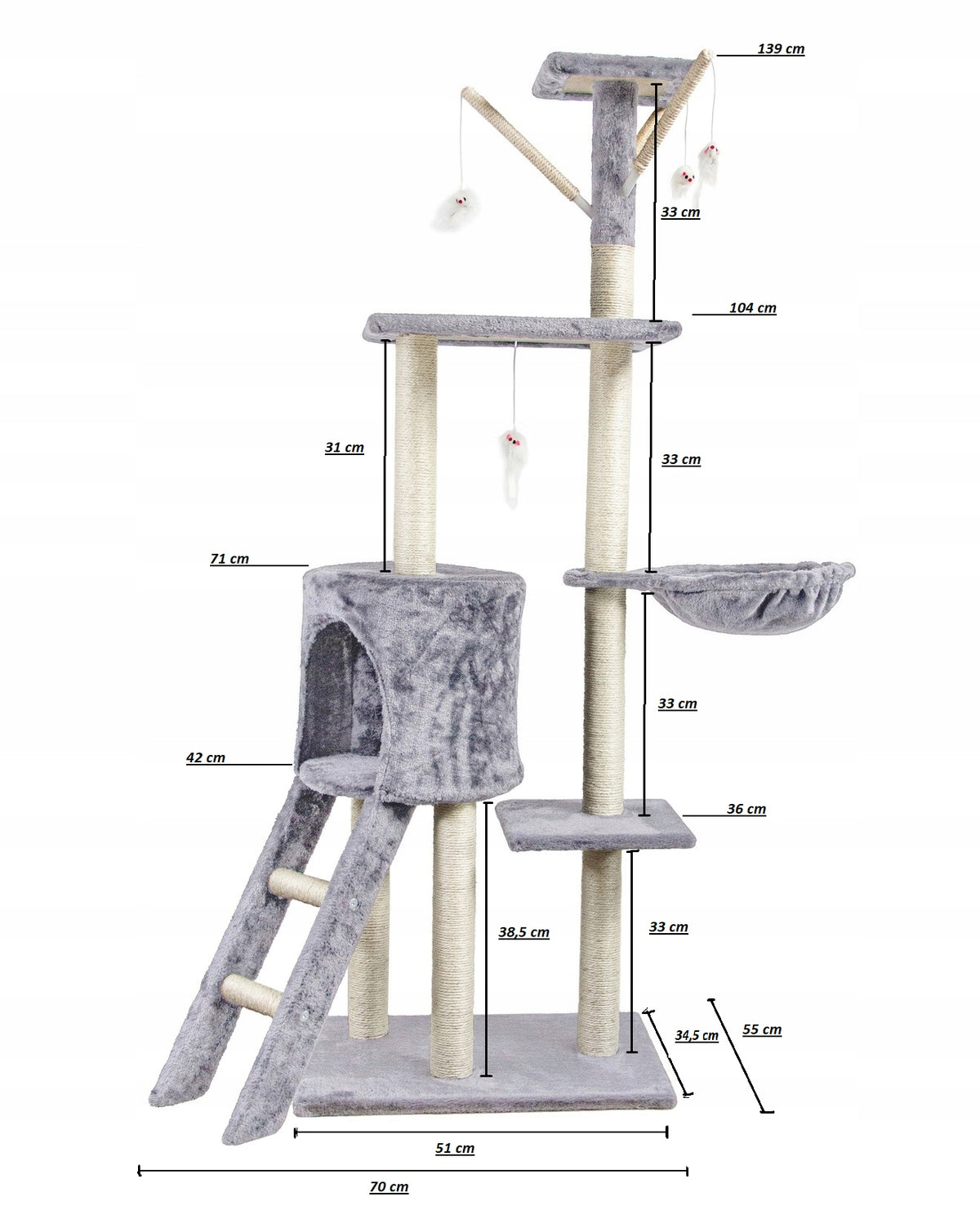 Drapak dla kota 138 cm z domkiem, platformami i sizalowymi słupkami – ciemnoszary