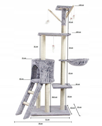 Drapak dla kota 138 cm z domkiem, platformami i sizalowymi słupkami – ciemnoszary