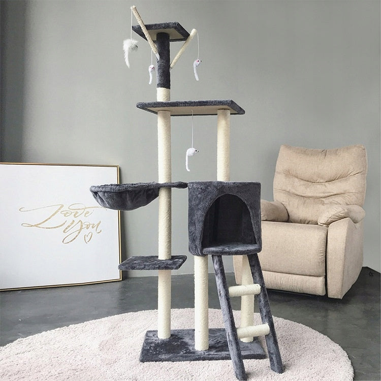 Drapak dla kota 138 cm z domkiem, platformami i sizalowymi słupkami – ciemnoszary
