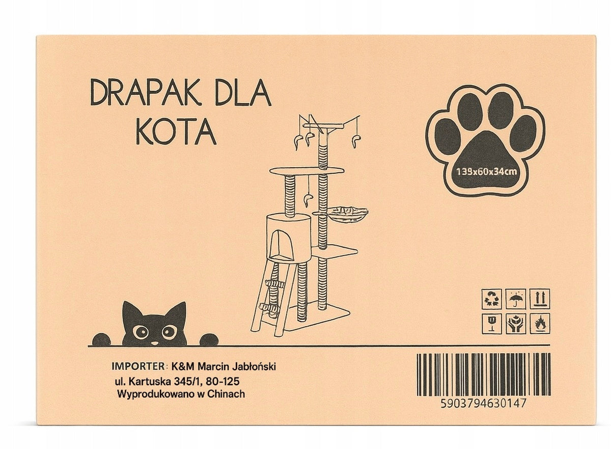 Drapak dla kota 138 cm z domkiem, platformami i sizalowymi słupkami – ciemnoszary