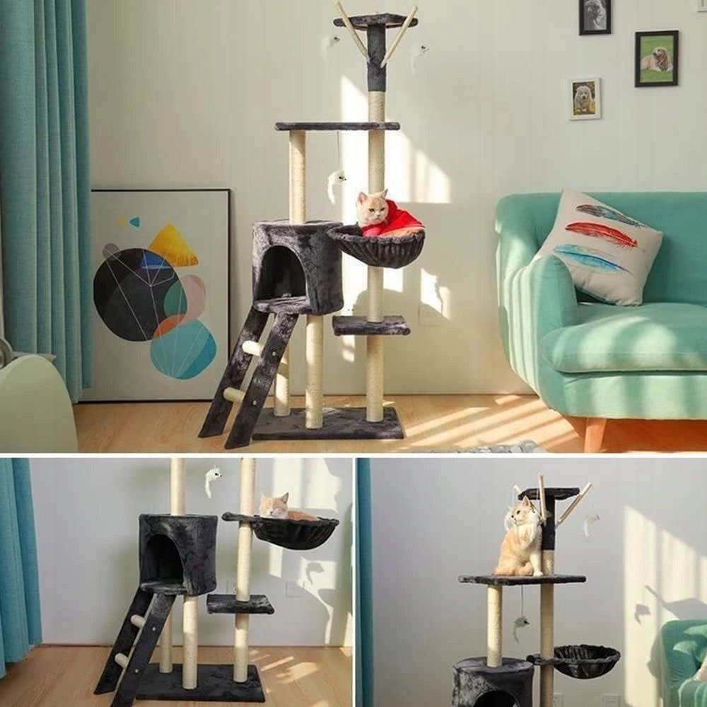 Drapak dla kota 138 cm z domkiem, platformami i sizalowymi słupkami – ciemnoszary