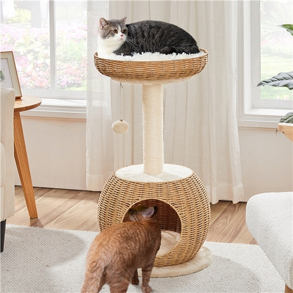 Yaheetech Drapak dla kota 75 cm z budką i legowiskiem, rattan i sizal – beżowy