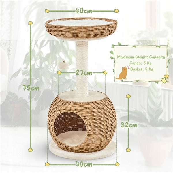 Yaheetech Drapak dla kota 75 cm z budką i legowiskiem, rattan i sizal – beżowy