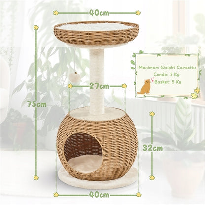 Yaheetech Drapak dla kota 75 cm z budką i legowiskiem, rattan i sizal – beżowy