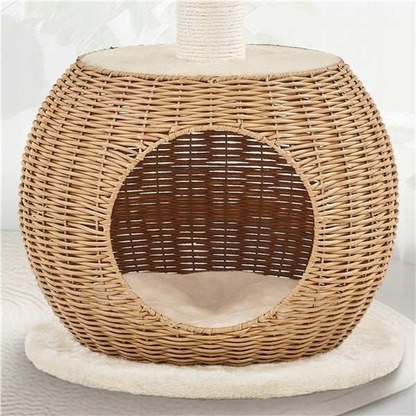 Yaheetech Drapak dla kota 75 cm z budką i legowiskiem, rattan i sizal – beżowy