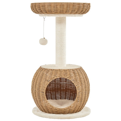 Yaheetech Drapak dla kota 75 cm z budką i legowiskiem, rattan i sizal – beżowy