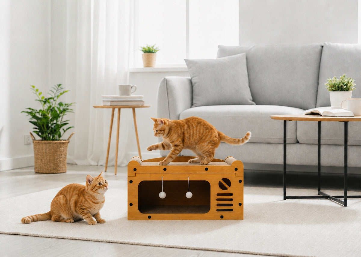 Drapak dla kota z kartonu 3w1 – domek, legowisko i zabawa, 56 × 29 × 28 cm, brązowy
