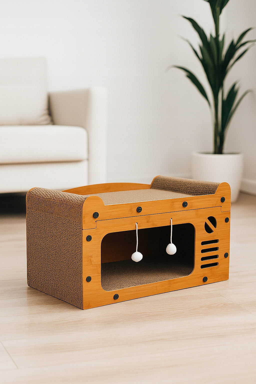 Drapak dla kota z kartonu 3w1 – domek, legowisko i zabawa, 56 × 29 × 28 cm, brązowy