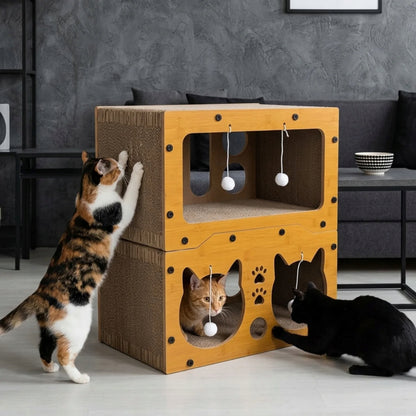 Drapak dla kota domek z legowiskiem 3w1 dwupiętrowy, tektura i HDF, do 60 cm – wielokolorowy