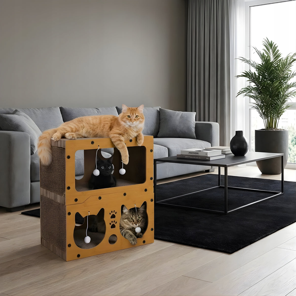 Drapak dla kota domek z legowiskiem 3w1 dwupiętrowy, tektura i HDF, do 60 cm – wielokolorowy