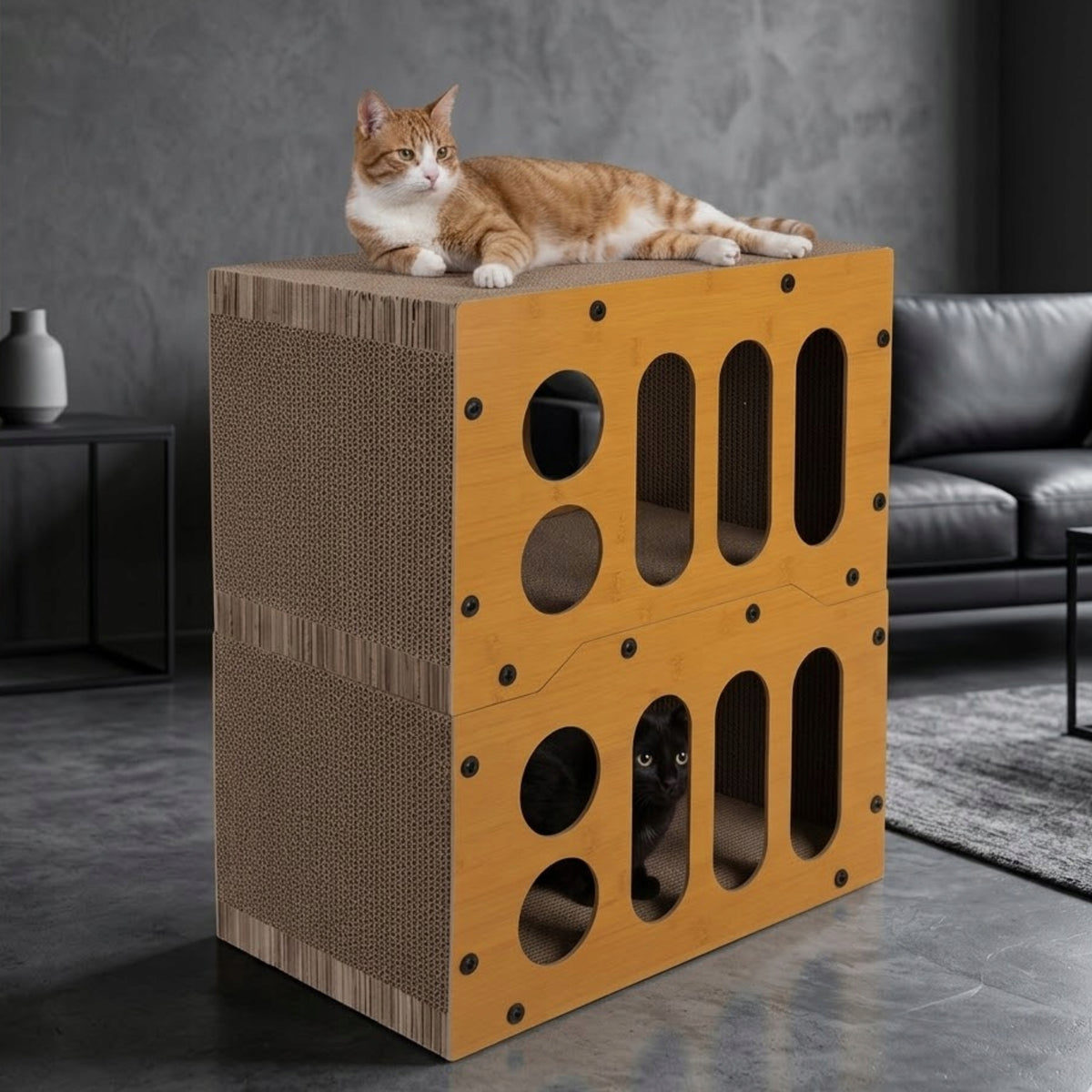 Drapak dla kota domek z legowiskiem 3w1 dwupiętrowy, tektura i HDF, do 60 cm – wielokolorowy