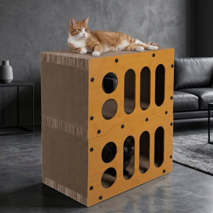 Drapak dla kota domek z legowiskiem 3w1 dwupiętrowy, tektura i HDF, do 60 cm – wielokolorowy
