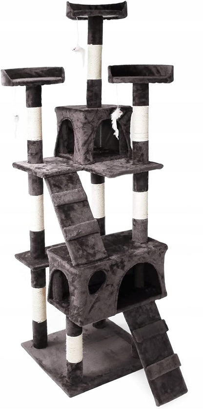 Drapak dla kota wysoki 170 cm z 2 domkami, 3 platformami i drabinkami – szary