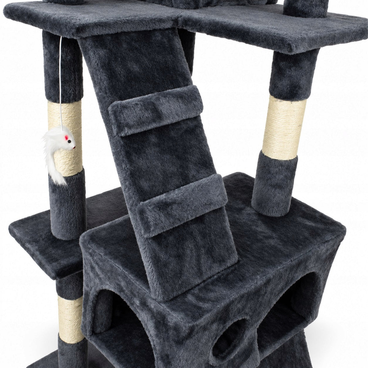 Drapak dla kota wysoki 170 cm z 2 domkami, 3 platformami i drabinkami – szary