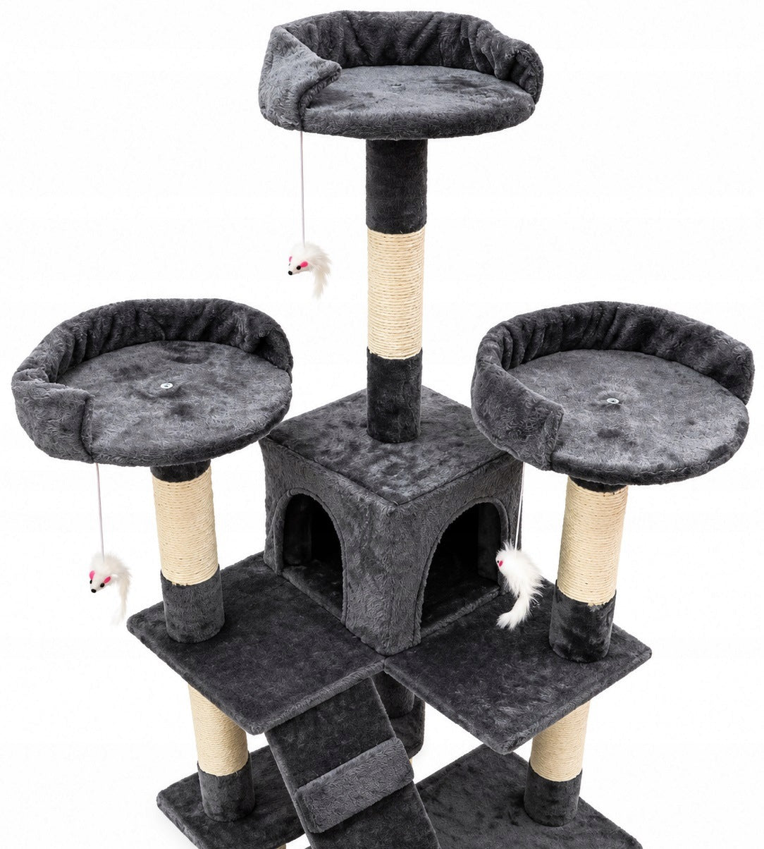 Drapak dla kota wysoki 170 cm z 2 domkami, 3 platformami i drabinkami – szary