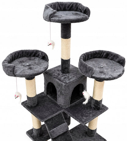 Drapak dla kota wysoki 170 cm z 2 domkami, 3 platformami i drabinkami – szary