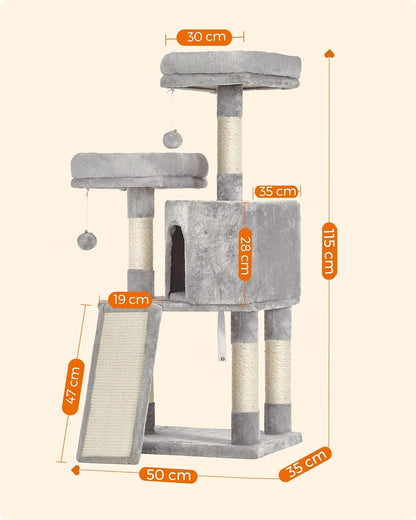 Drapak dla kota 115 cm z domkiem i legowiskiem – wieża 4 poziomy, sizal, szary