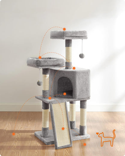 Drapak dla kota 115 cm z domkiem i legowiskiem – wieża 4 poziomy, sizal, szary