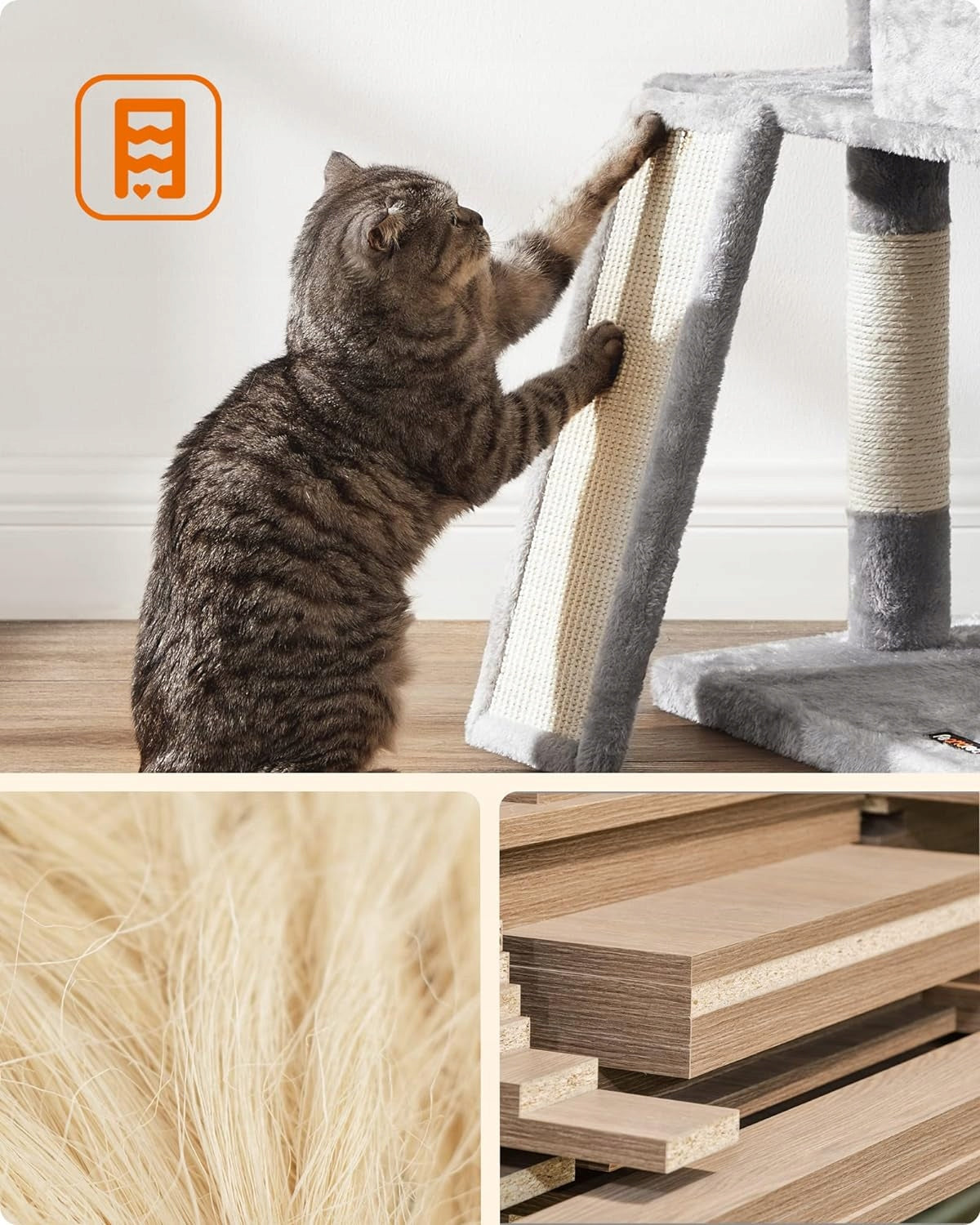 Drapak dla kota 115 cm z domkiem i legowiskiem – wieża 4 poziomy, sizal, szary