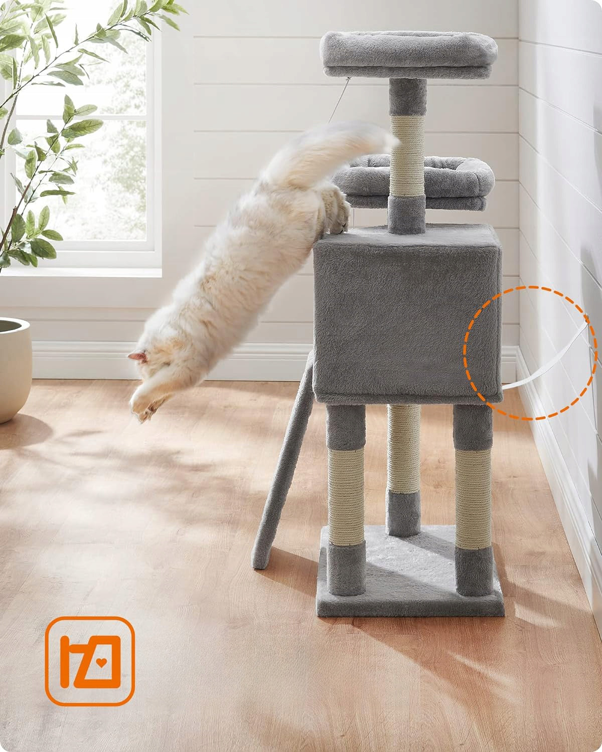 Drapak dla kota 115 cm z domkiem i legowiskiem – wieża 4 poziomy, sizal, szary