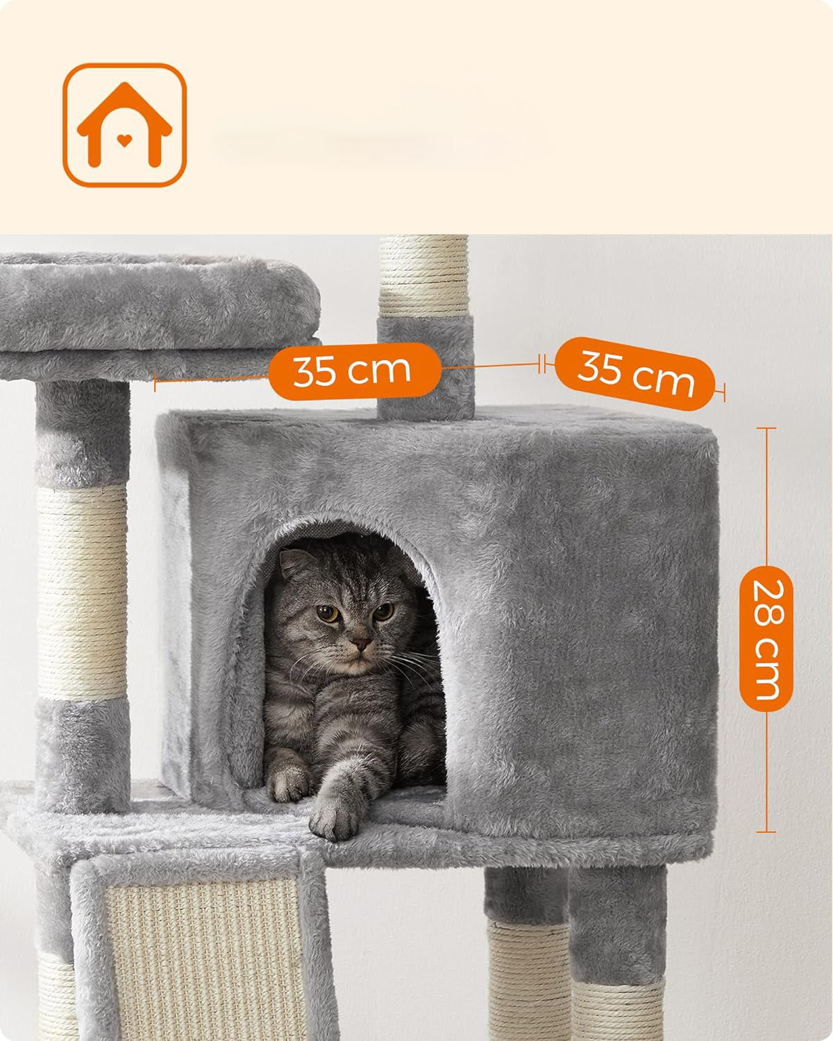Drapak dla kota 115 cm z domkiem i legowiskiem – wieża 4 poziomy, sizal, szary