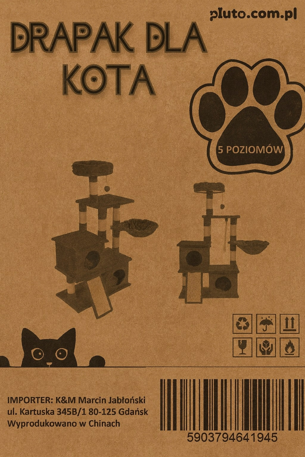 Drapak dla kota 115 cm z dwoma domkami, hamakiem i legowiskiem, 5 poziomów – ciemnoszary