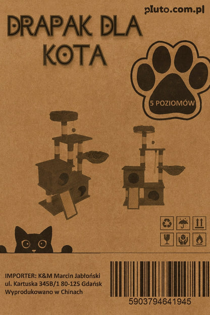 Drapak dla kota 115 cm z dwoma domkami, hamakiem i legowiskiem, 5 poziomów – ciemnoszary