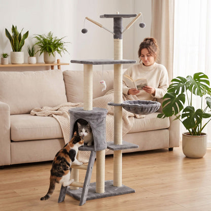 Funfit Drapak dla kota wieża 139 cm z domkiem, legowiskiem i zabawkami, sizal – szary