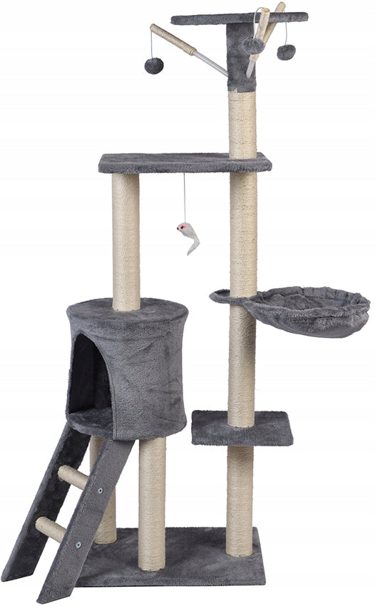 Funfit Drapak dla kota wieża 139 cm z domkiem, legowiskiem i zabawkami, sizal – szary