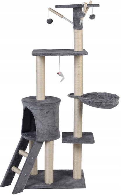 Funfit Drapak dla kota wieża 139 cm z domkiem, legowiskiem i zabawkami, sizal – szary