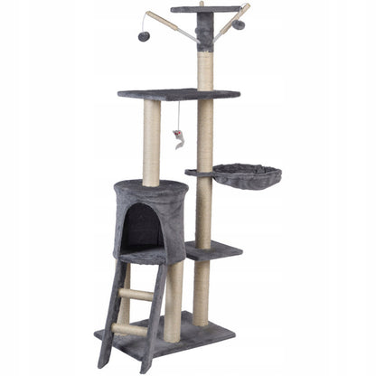 Funfit Drapak dla kota wieża 139 cm z domkiem, legowiskiem i zabawkami, sizal – szary