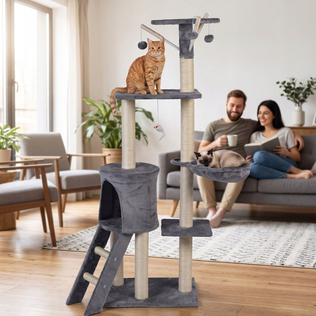 Funfit Drapak dla kota wieża 139 cm z domkiem, legowiskiem i zabawkami, sizal – szary