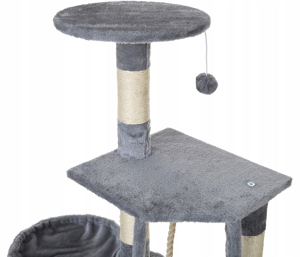 FUNFIT Drapak dla kota 120 cm z domkiem i legowiskiem – wieża z sizalu, 5 poziomów, szary
