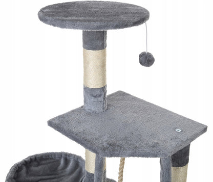 FUNFIT Drapak dla kota 120 cm z domkiem i legowiskiem – wieża z sizalu, 5 poziomów, szary