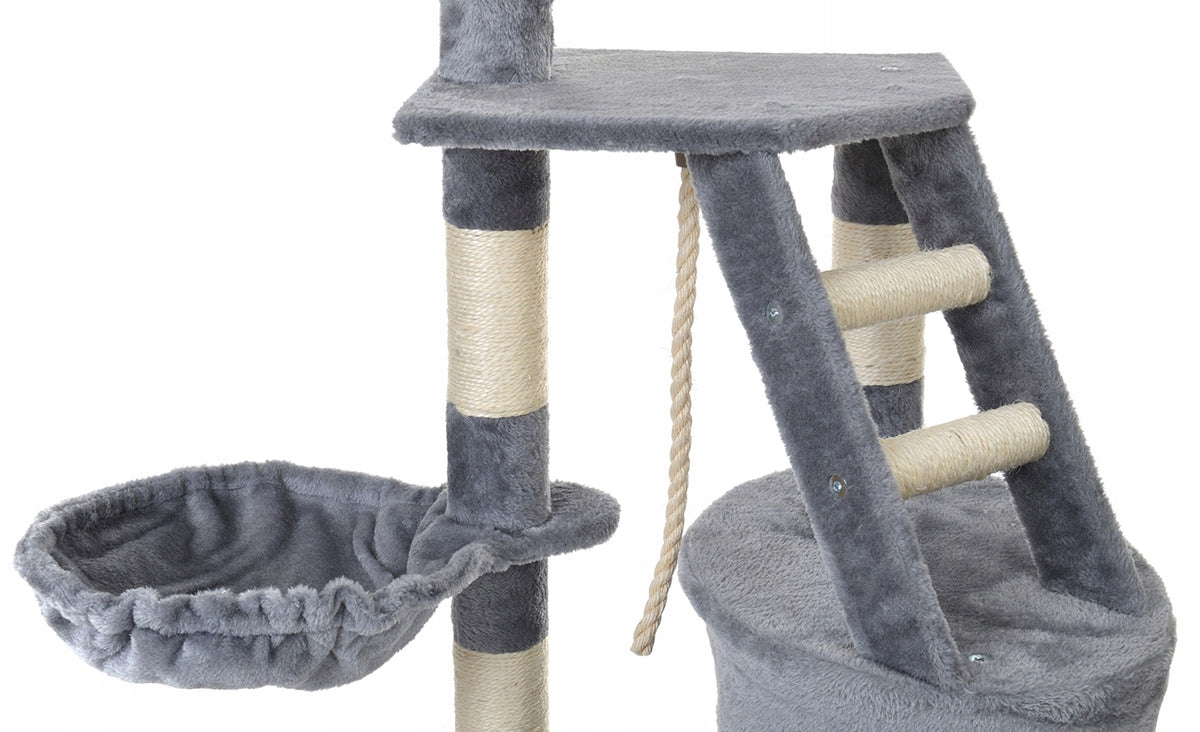 FUNFIT Drapak dla kota 120 cm z domkiem i legowiskiem – wieża z sizalu, 5 poziomów, szary