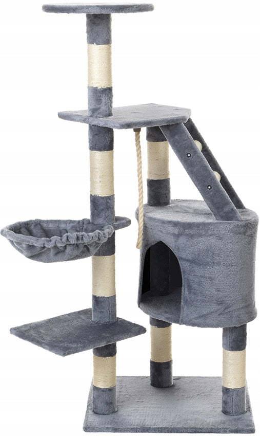 FUNFIT Drapak dla kota 120 cm z domkiem i legowiskiem – wieża z sizalu, 5 poziomów, szary