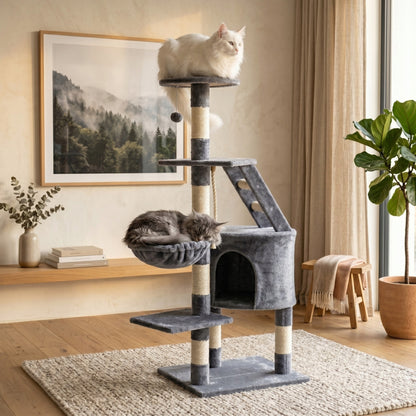 FUNFIT Drapak dla kota 120 cm z domkiem i legowiskiem – wieża z sizalu, 5 poziomów, szary